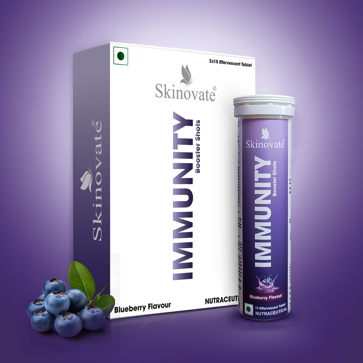 Skinovate  Immunity & Energy Booster Blueberry Flavour (2x15 Tablets)  With Vitamin C, B-Complex, D, Biotin & Zinc