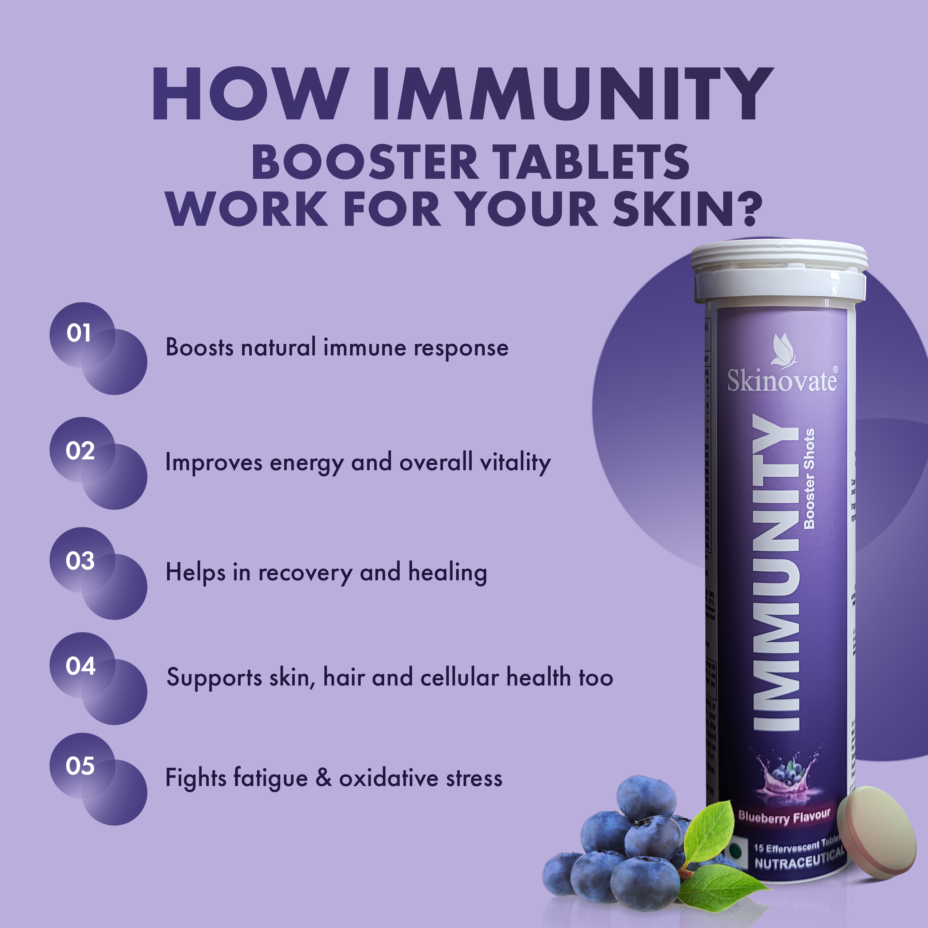 Skinovate  Immunity & Energy Booster Blueberry Flavour (2x15 Tablets)  With Vitamin C, B-Complex, D, Biotin & Zinc