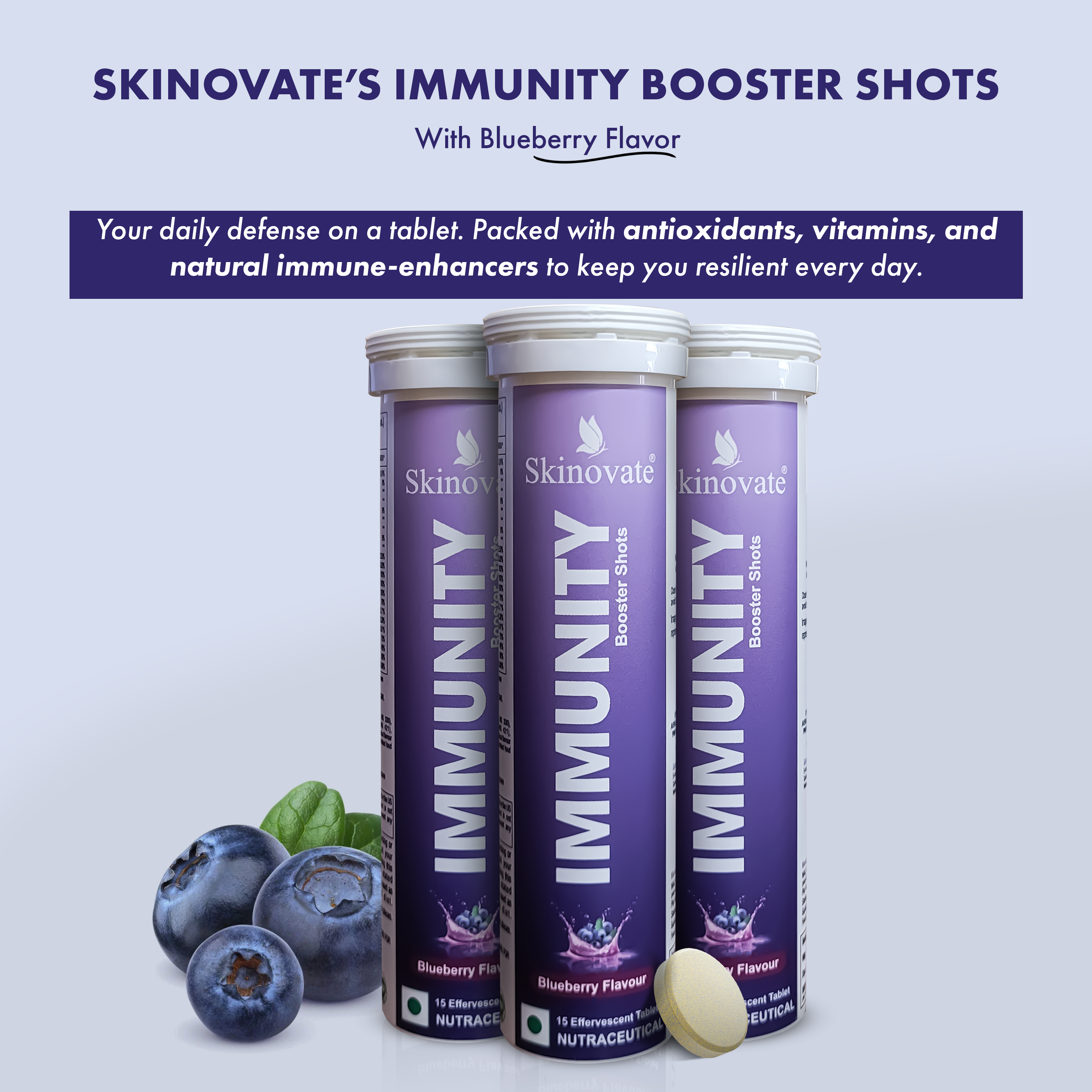 Skinovate  Immunity & Energy Booster Blueberry Flavour (2x15 Tablets)  With Vitamin C, B-Complex, D, Biotin & Zinc