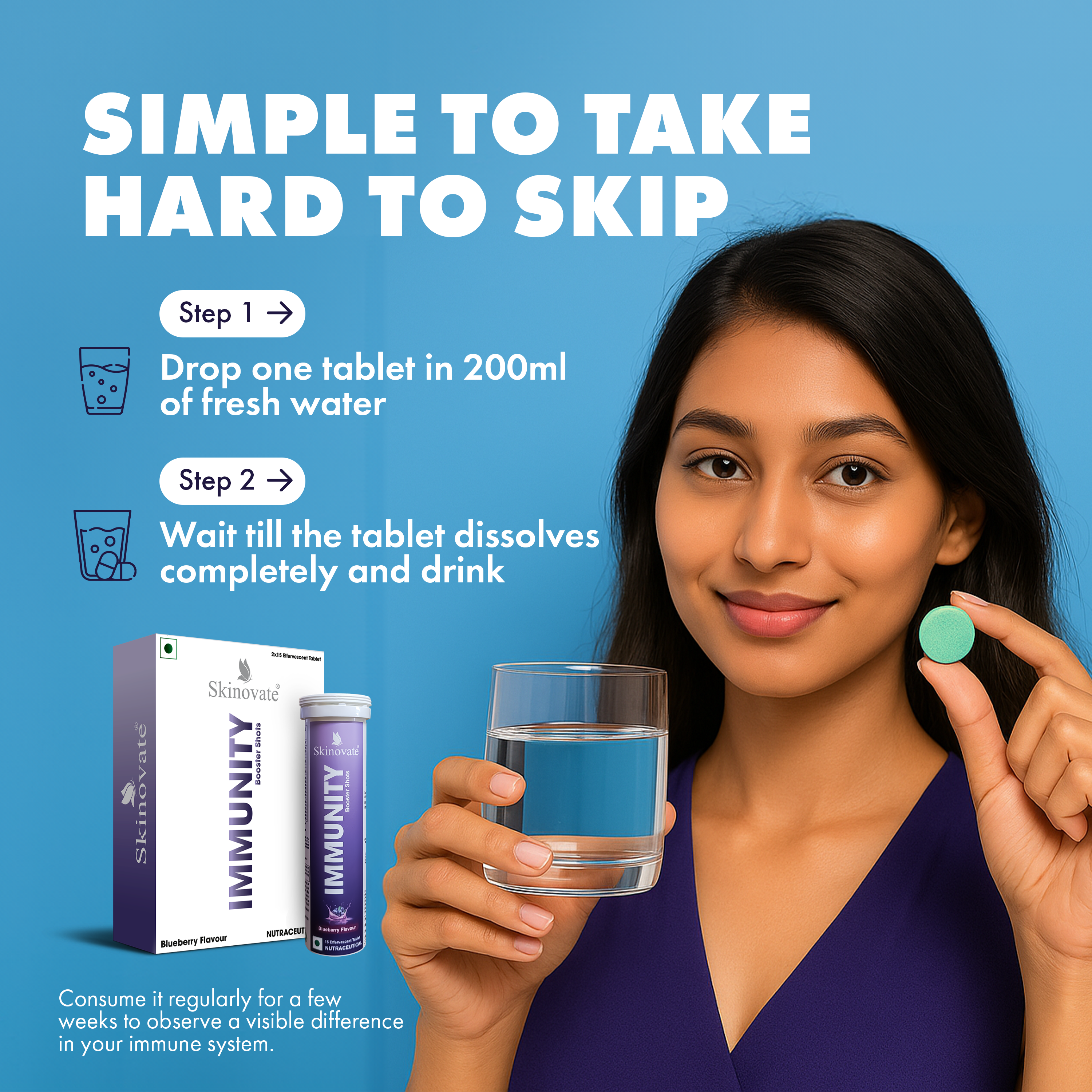 Skinovate  Immunity & Energy Booster Blueberry Flavour (2x15 Tablets)  With Vitamin C, B-Complex, D, Biotin & Zinc